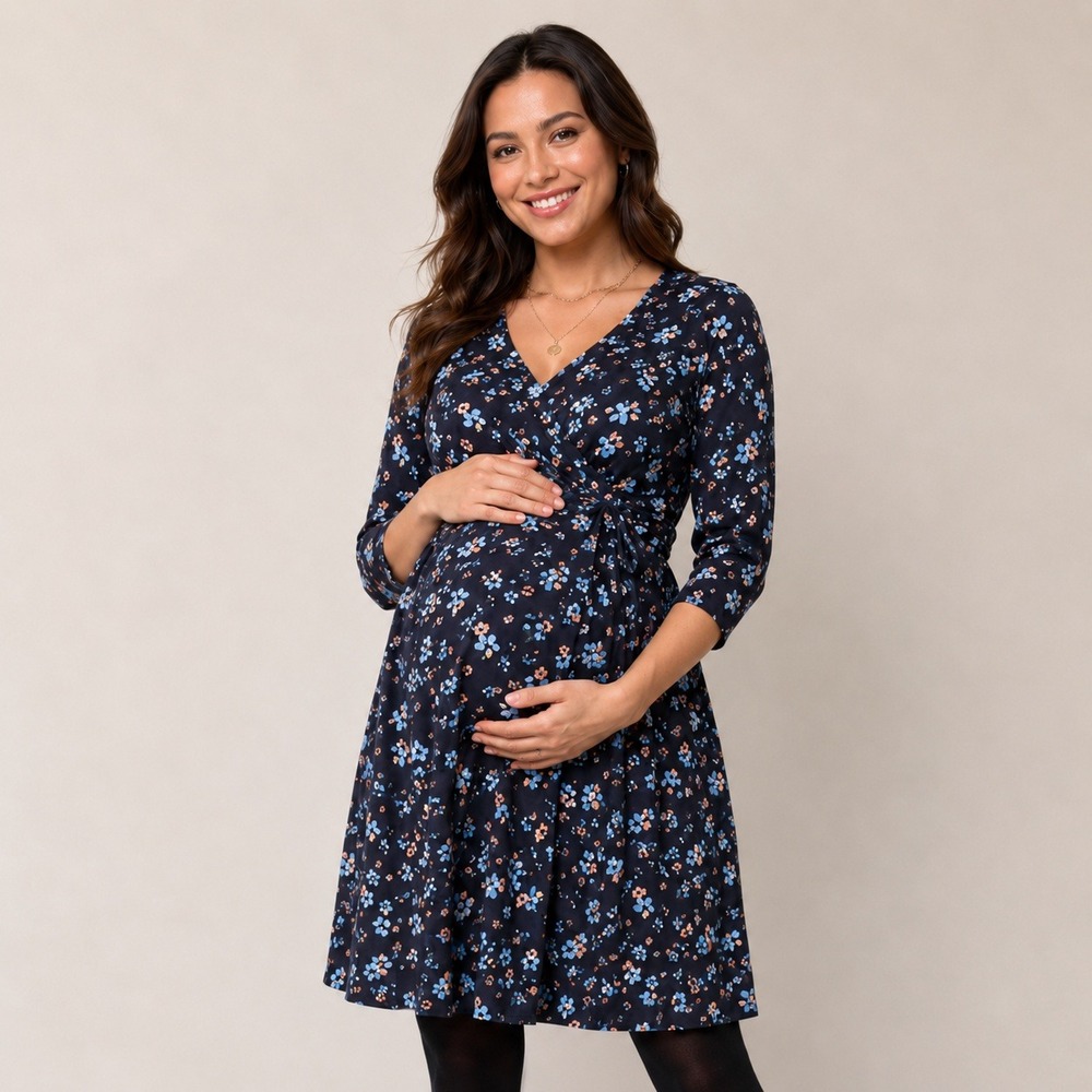 Seraphine Joy Maternity Nursing Dress Navy Blue Floral Wrap‎ Tie US 8 Autumn NWT